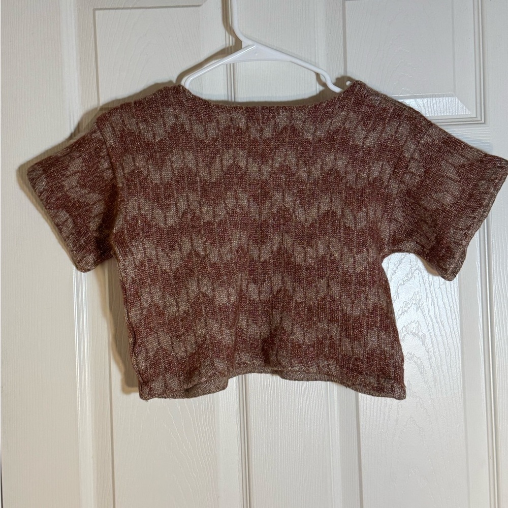 Built by Wendy Maroon & Beige Cropped Knit Tee – Short Sleeve Wool Sweater Top - Picture 2 of 8